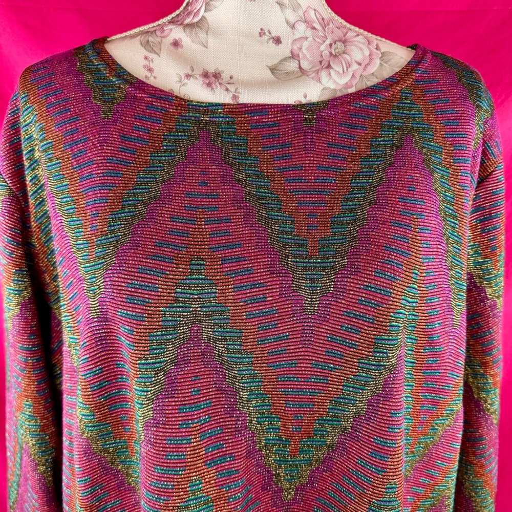 Metallic Vintage 80s 90s Chevron Knit Tunic Top‎ Pink Sparkle 3X Holiday Glam